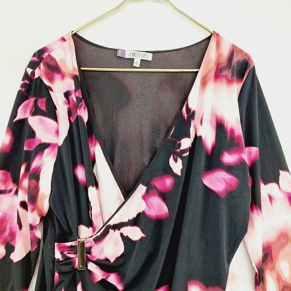 Jennifer Lopez Black Pink Floral Fold Over 3/4 Sleeve Midi Dress P6386 - Picture 2 of 8